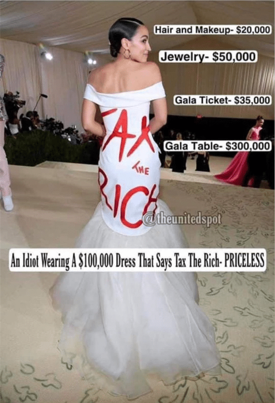 Alexandria Ocasio-Cortez in her "Tax The Rich" $100,000 Dress